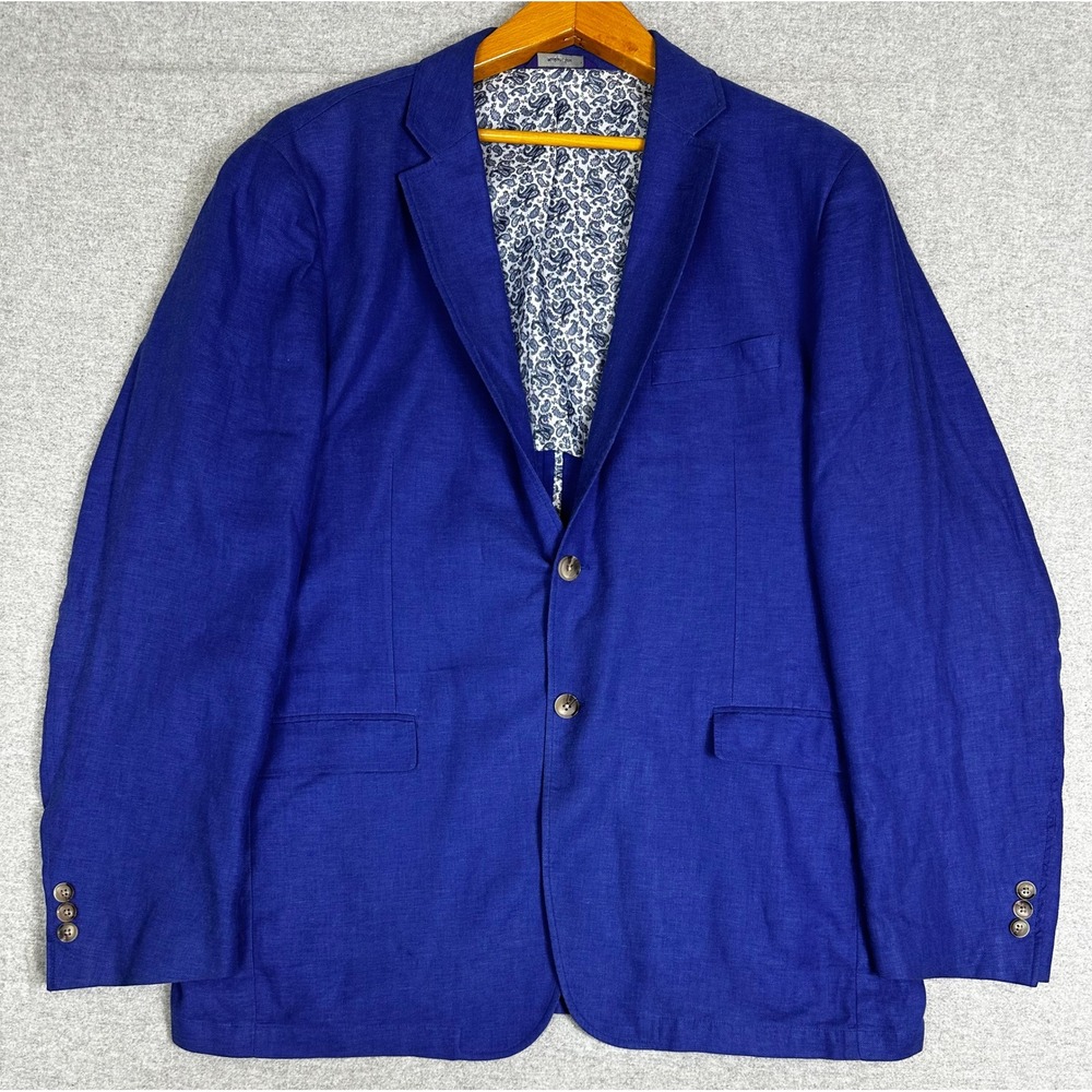 Alan Flusser Linen Sport Coat XL Blue Purple Linen Blend Paisly Lined Blazer